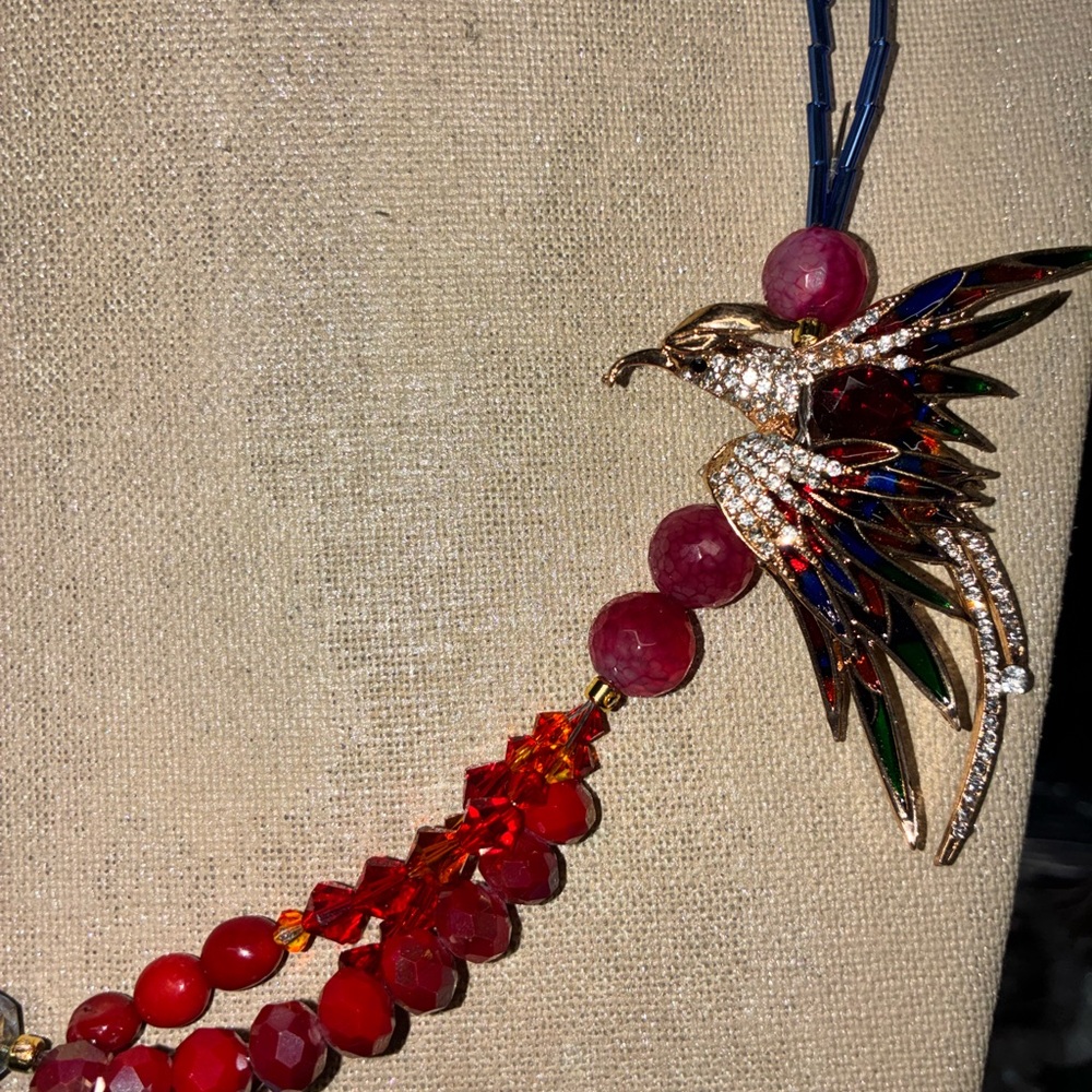 Statement Bird Pendant Multicolor Beaded Necklace… - image 2